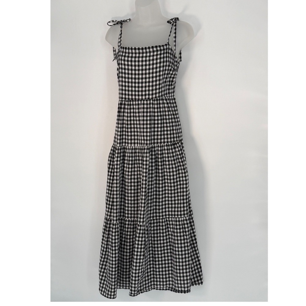 Hunkemoller Gingham Check Tiered Midi Dress Tie Shoulder Black White L 101-33 - Picture 9 of 14